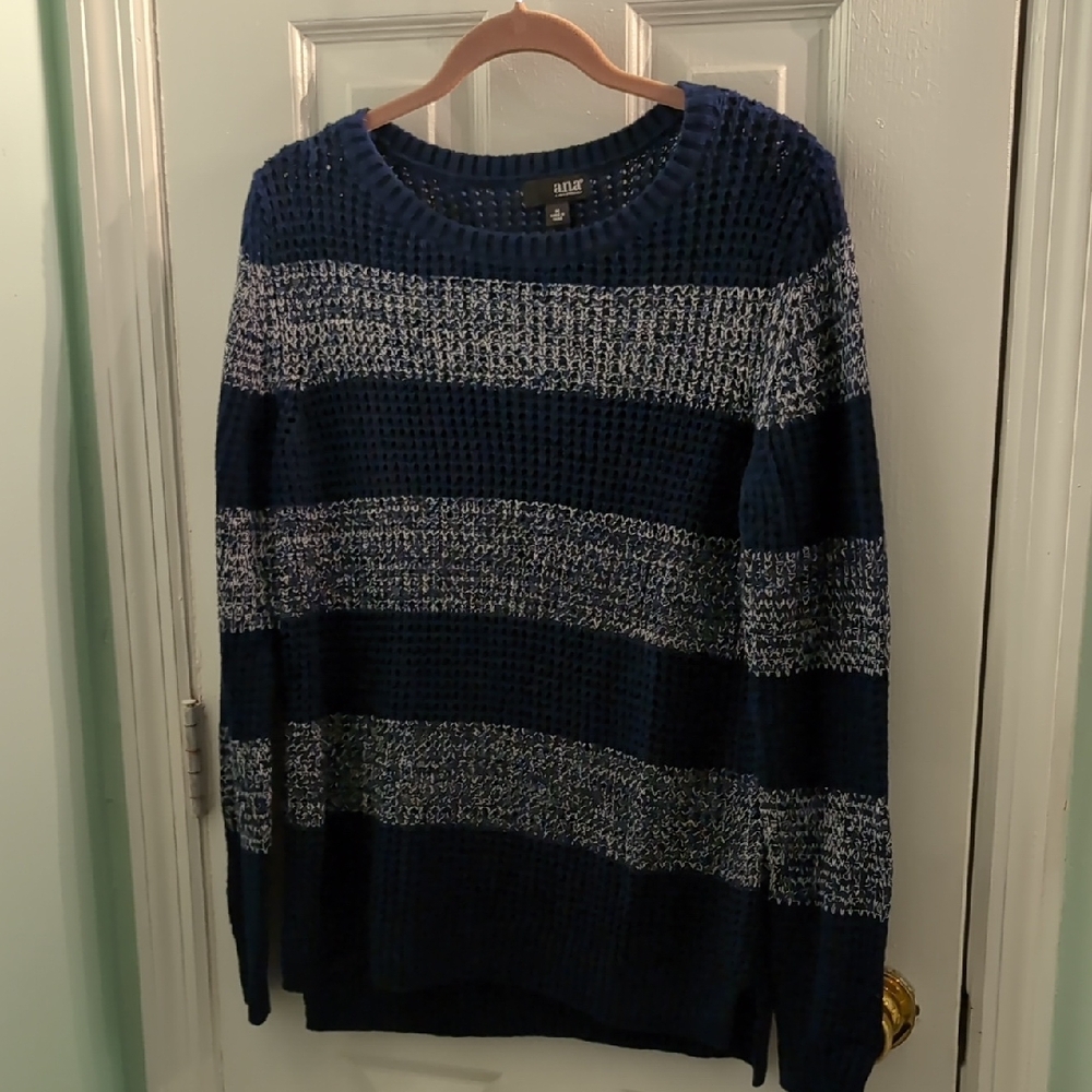 a.n.a Women's Navy and White Striped Crewneck Knit Sweater